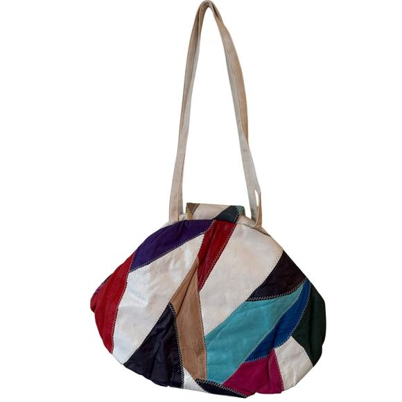 1980s Patchwork Leather Kiss Lock Shoulder Bag, ColorBlock - Picture 2 of 7
